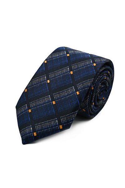 Sade Kravat Lacivert Siyah Gri Sarı Ekose Desenli Kravat 33136 Lacivert