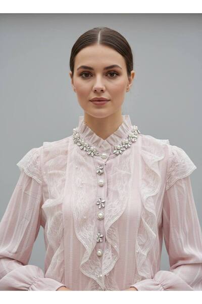 Rabiossa Kadın İnci ve Kristal İşlemeli Fırfırlı Şifon Gömlek