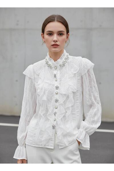 Rabiossa Kadın İnci ve Kristal İşlemeli Fırfırlı Şifon Gömlek