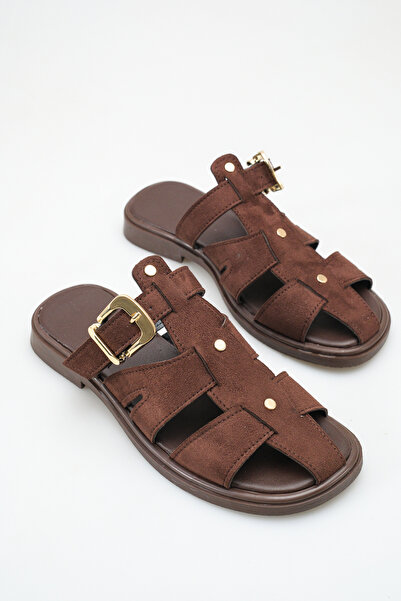 meyra'nın ayakkabıları Women's Bitter Coffee Suede Buckle Detail Flat Sole Sl...