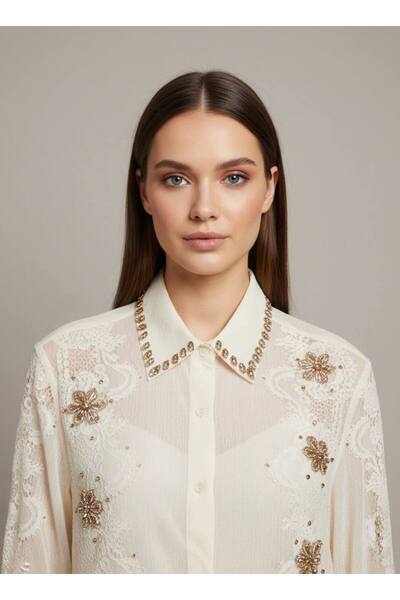 Rabiossa Kadın Taşlı Yaka Dantel İşlemeli Kristal Detaylı Gömlek