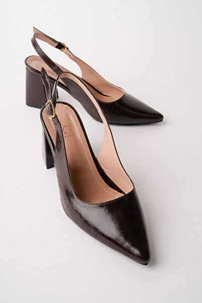 KuleliStore Kadın Kahverengi Rugan Slingback Sivri Burun Kalın Topuklu Klasik...