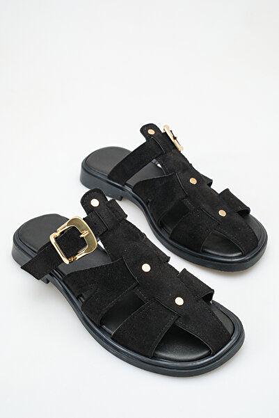 meyra'nın ayakkabıları Women's Black Suede Buckle Detail Flat Sole Slipper