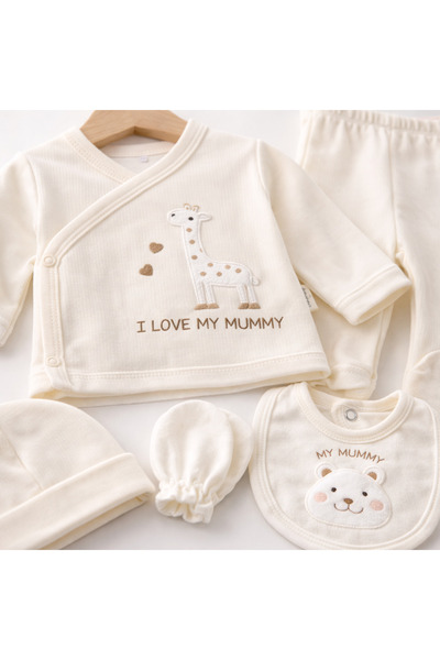 Bebitof Unisex 5li Yenidoğan Hastane Çıkışı Nakışlı Bebek Seti