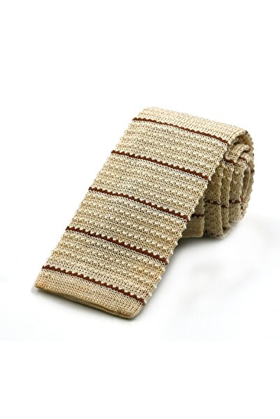 Sade Kravat ربطة عنق كريمية بنية أفقية مخطط محبوكة 33128 كريمية