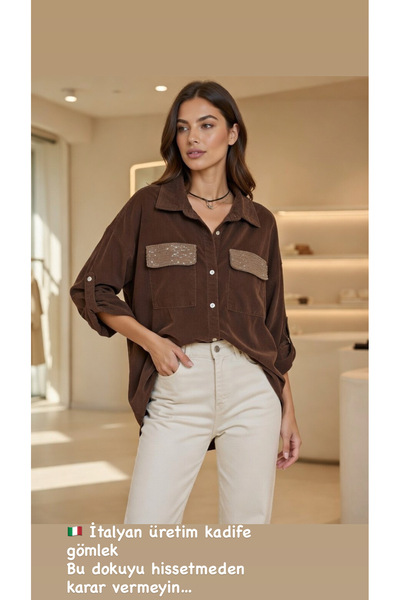 MADE İN ITALY Cepleri Pullu Kadife İtalyan Oversıze Gömlek