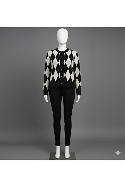 moda rüyası Pearl Buttoned B Diamond Pattern S Glittery Cardigan