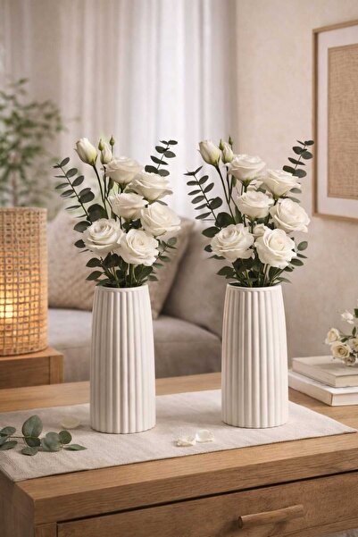VARKAL 2li Modern Dekorasyon İçin Şık Beyaz Çizgili Çiçek Vazo - Minimalist v...