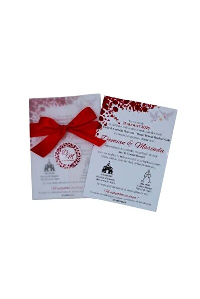 Fabricacucadouri.ro Pachet 50 Invitație nuntă cu fundiță roșie și design floral