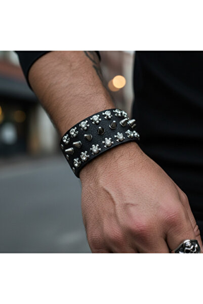 Corvus kolye&bileklik Skull & Spike Gothic Leather Bracelet 3 Stage Adjustable