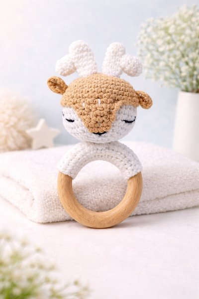 OEM Jucărie Croșetată Caprioara Cadou Bebeluși – Inel de Dentiție din Lemn & ...