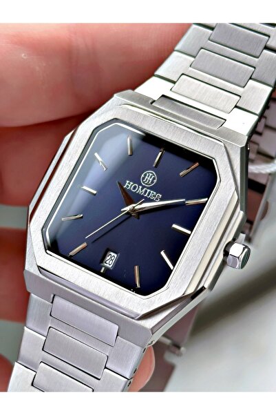 Homies ساعة يد رجالية عصرية كلاسيكية أصلية مربعة الشكل باللون الفضي + سوار مع...