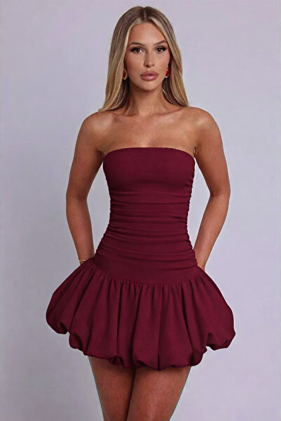 ecemore Strapless Burgundy Dress with Gathered Balloon Skirt