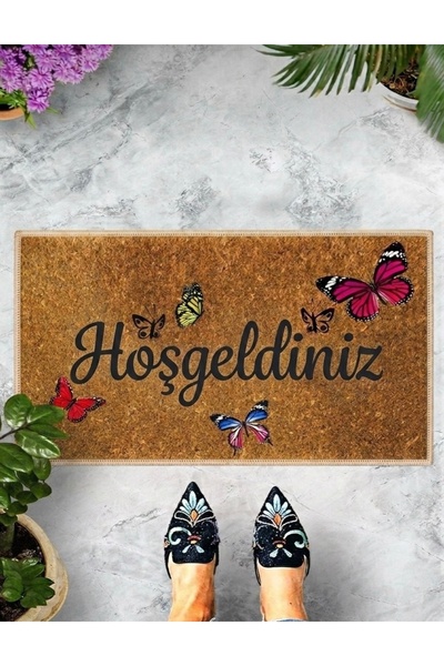 ather Hoşgeldiniz Yazılı Kelebek Desenli Kaymaz Taban 70x45 Dijital Baskı Kap...