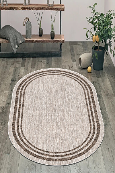 VOPTEKS Oval Bej Halı Salon Halısı Makinede Yıkanabilir Halı Kaymaz Taban Halı