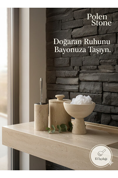 Polen Stone Doğal Traverten 3'lü Banyo Seti - El Yapımı Antik Dokulu Aksesuar...