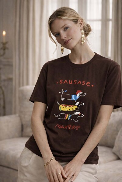 ibeeka Sausage Market Printed Brown Women's T-Shirt – Premium Cotton - Brown - m