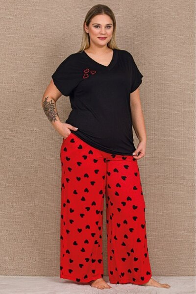 by İGP Plus Size Heart Patterned Viscose Cotton Piece Short Sleeve Pajama Set