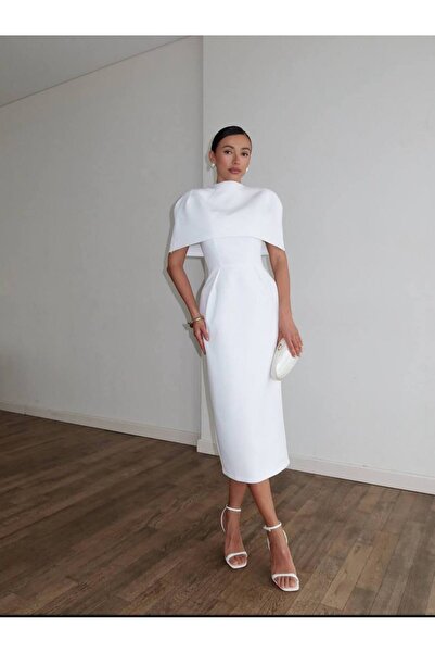 Julidress Cape Detailed Design Midi Length Premium Dress