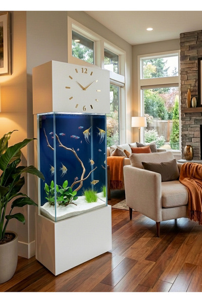 Dekor Akvaryum Büyük Boy, Led Işıklı Saatli Kule Akvaryum Setİ Beyaz