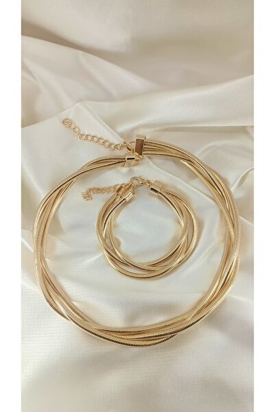 LUX Gold Renk Çoklu İtalyan Ezme Zincir Kolye ve Bileklik Seti