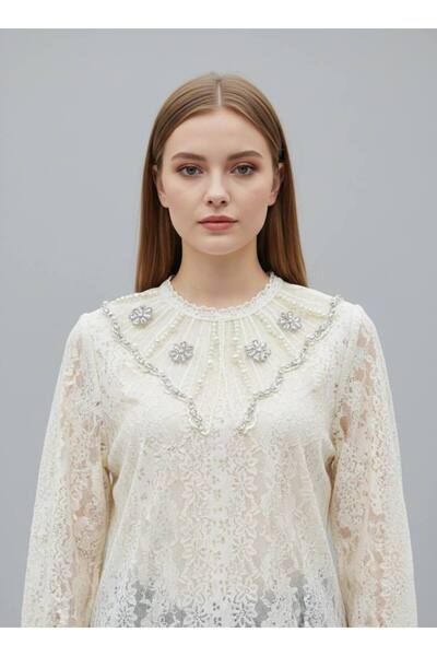 Rabiossa Kadın Kolye Görünümlü Taş İşlemeli Premium Dantel Gömlek