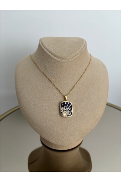 LARİS ACCESSORİES Taşlı Güneş Işınları Siyah Plaka Çelik Kolye