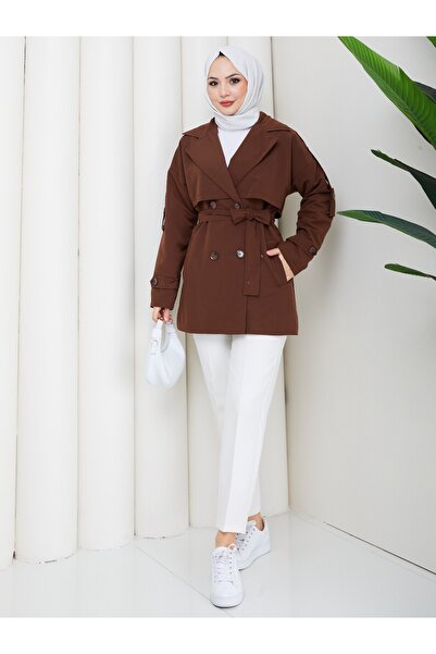Vibeys Moda Buttoned and Belted Double-Breasted Collar Linen Trench Coat