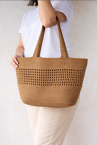 MSM El Yapımı Kağıt İp Örgü Plaj Çantası Büyük Boy Hasır Görünümlü Omuz Çantası