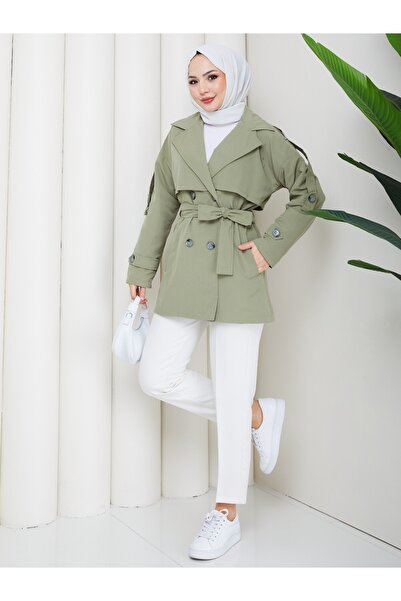 Vibeys Moda Buttoned and Belted Double-Breasted Collar Linen Trench Coat