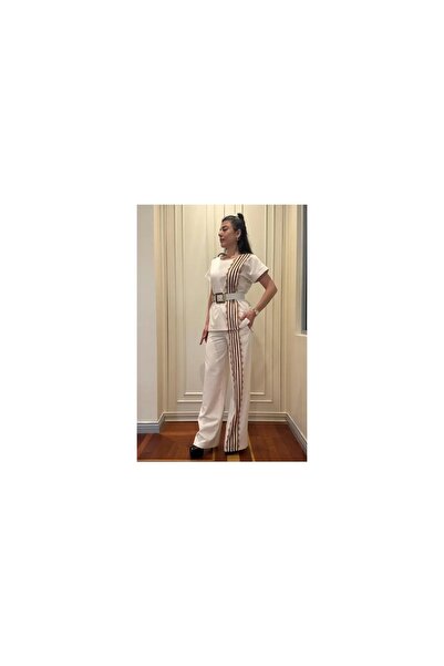 MODATALİKA Trend Women Cream Linen Textured Wide-Leg Pants and Short Sleeve B...