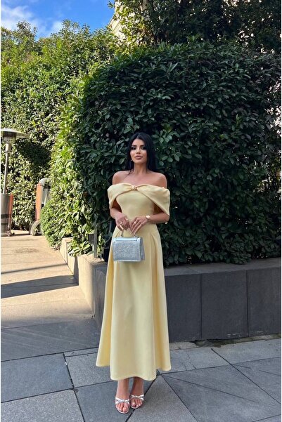 maf collection Women's Yellow Madonna Collar Buckle Detail Midi Evening Dress...