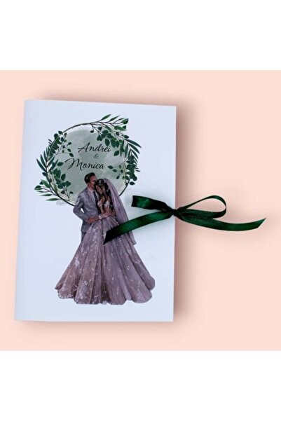 Fabricacucadouri.ro Pachet 50 Invitație Nuntă Ilustrație Miri cu Fundal Verde...