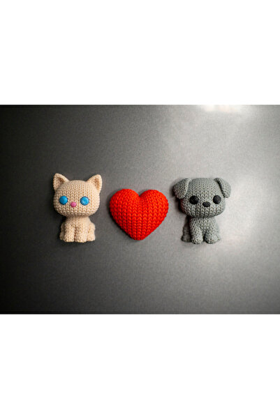 ADA 3D Örgü Görünümlü Kedi Köpek Kalp Figürlü Sevimli Hayvanlar Buzdolabı Mag...