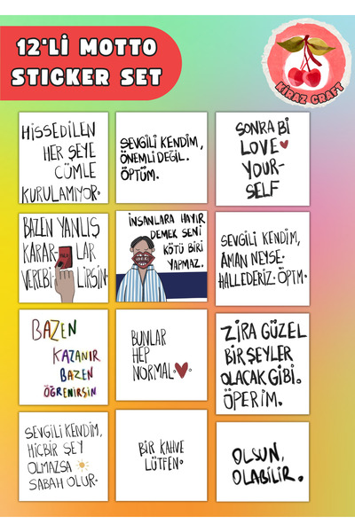 Kiraz Craft 12 Adet Motivasyon & Motto Sevgi Yazılı Sticker Etiket Seti – Lap...