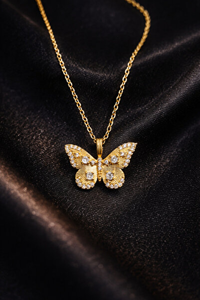 LooRen Butik قلادة ذهبية عيار مرصّع بالأحجار مرصعة بالزركون على شكل فراشة - ت...