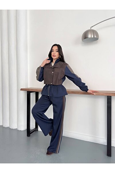 timagna Kadın Alt Üst Takım Kontrast Renk Panelli Fermuarlı Ceket Pantolon İk...