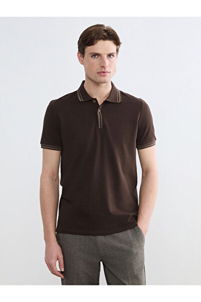 LC Waikiki Καφέ ανδρικό μπλουζάκι με λαιμόκοψη πόλο Πικέ
