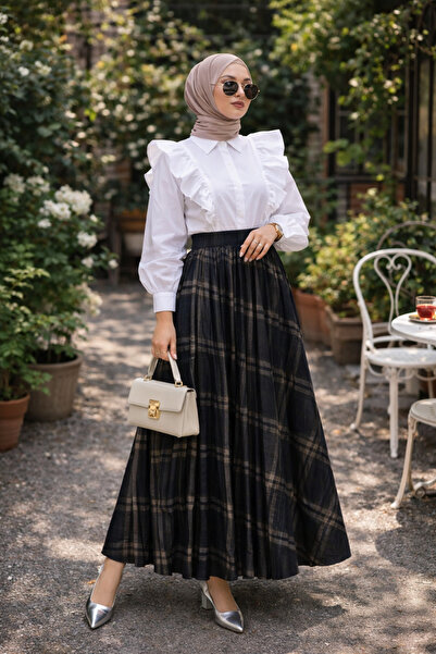 VELORA Yüksek Bel Ekoseli Desenli Pileli Etek