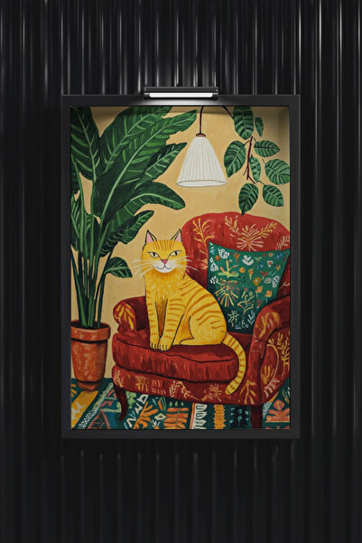 VERONİCA LİNE Turuncu Kedili ve Bohem Oda Dekorasyon Tablo Doğal Ahşap Çerçeve