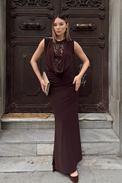 MOZENA Lace Detail Degaje Collar Waist Ruched Sandy Dress