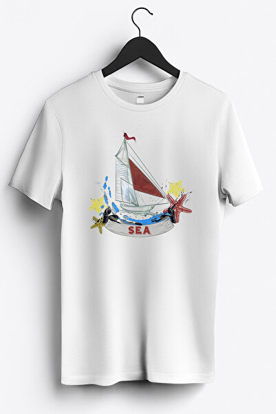 Denizci Yelkenli Gemi Baskılı Regular Sıfır Yaka %100 Pamuk Unisex Penye T-Shirt