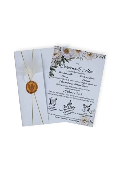 Fabricacucadouri.ro Pachet 50 Invitație nuntă albă cu pene și sigiliu ceară a...