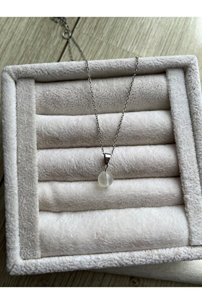 Pel Design 8 mm Selenite Stone Silver Color Steel Necklace Handmade