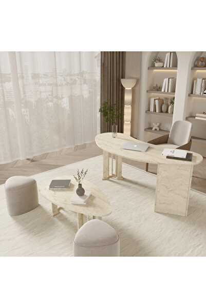 klubeconcept MİZAN Oval Beyaz Çalışma Masası & Sehpa Modern Minimal Ofis Seti...