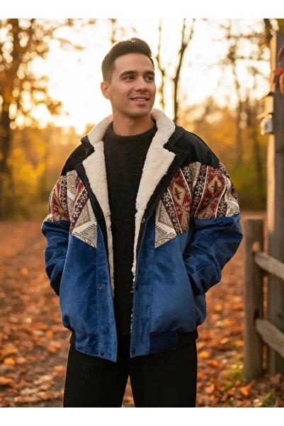CANMODA (7852) Recien Unisex Fur-Trimmed Yaka Vintage Aztek Jacket Oversized ...