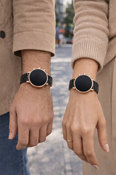 MİNPO Unisex Akıllı Saat Rose Gold Kasa Siyah Çelik Kordon 2 Tuşlu Model