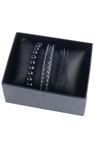 TOBY Luxury Men's Leather Bracelet Set - Set of 3 Black Synthetic Leather Bra...