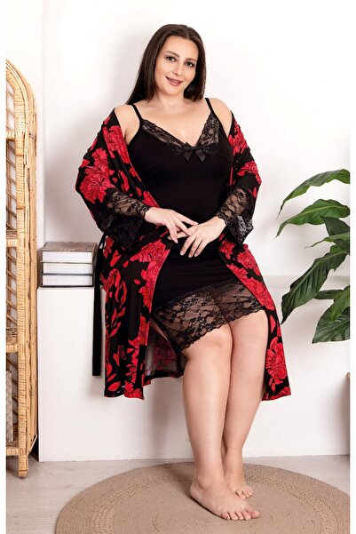 by İGP Black Floral Print Strap Plus Size Nightgown Set, Mother's Nightgown