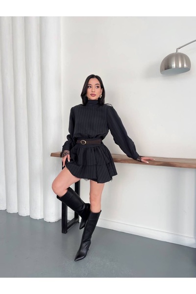 timagna Rochie de damă cu guler înalt, mâneci bufante, cu curea și design str...